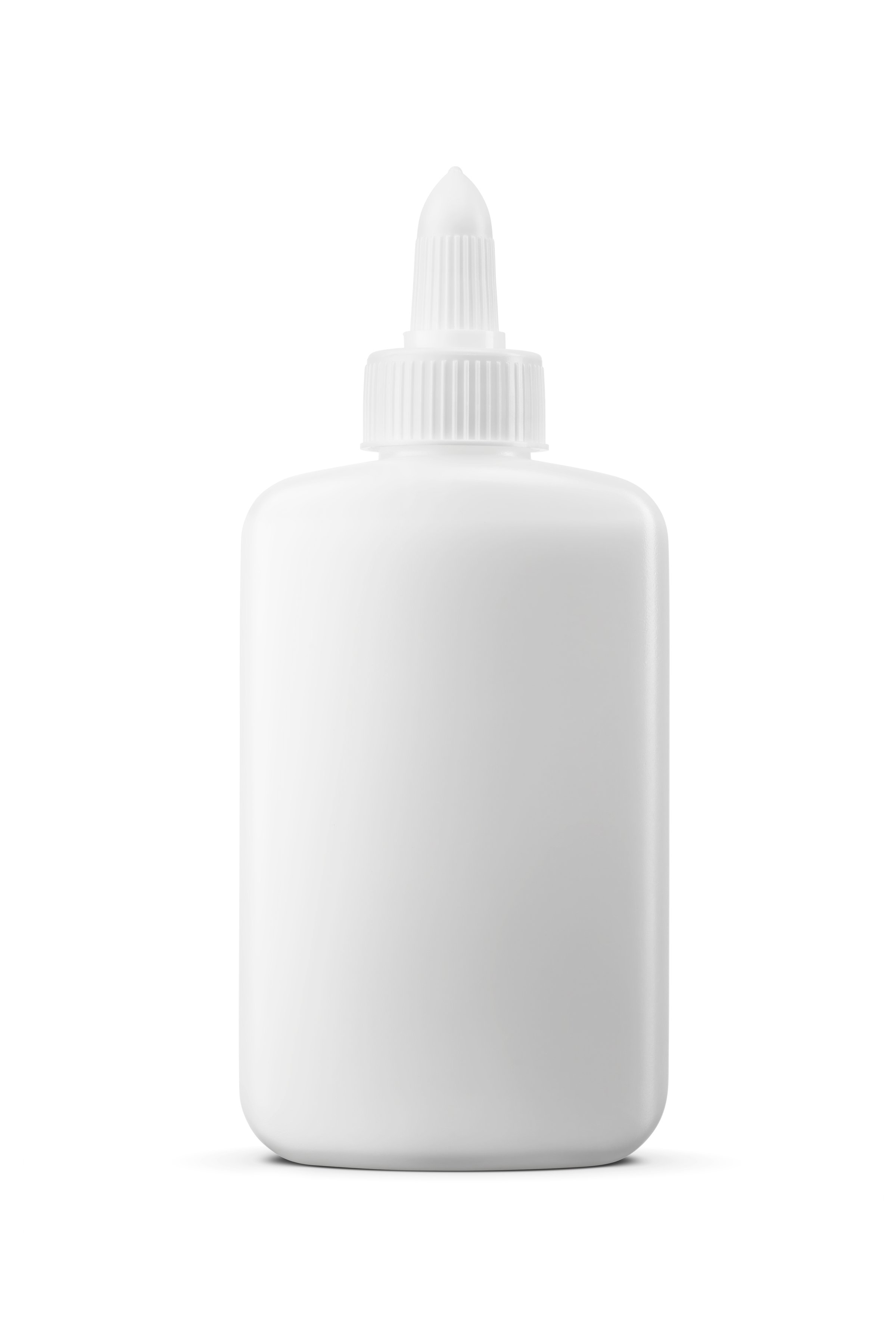 Front view of white school glue plastic bottle isolated on white background.