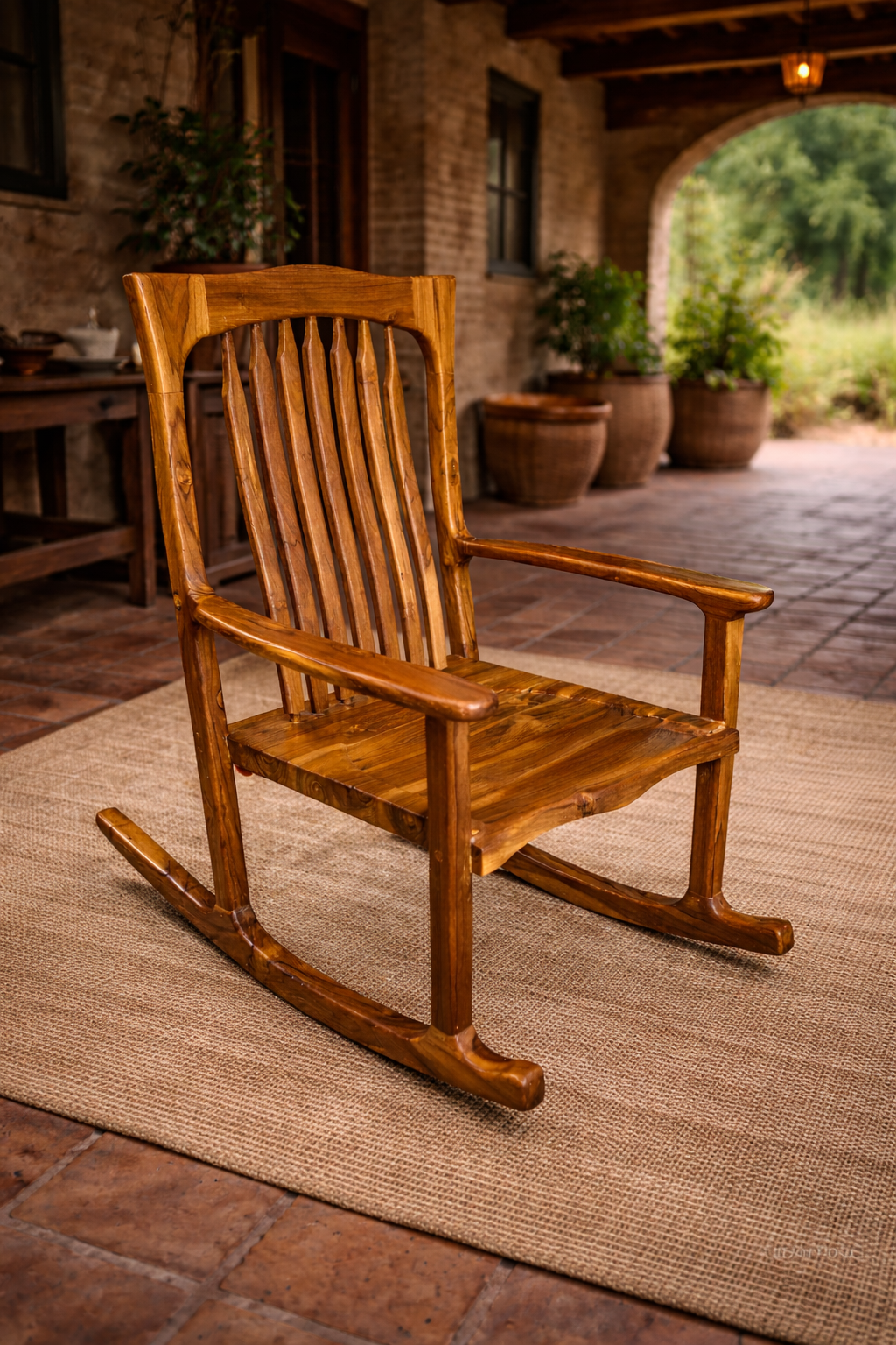 Mecedora artesanal fabricada en madera de teca maciza, ideal para terraza o porche