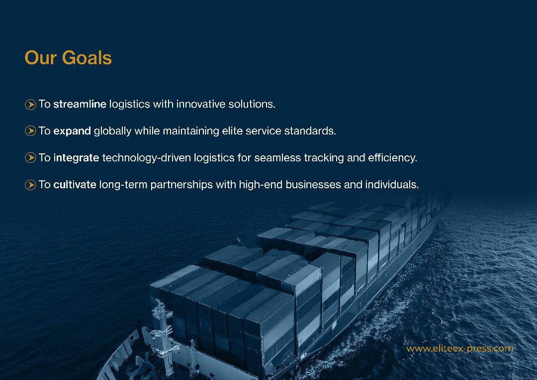 Container ship at sea with text detailing logistics company goals, including innovation, global expansion, and partnerships.