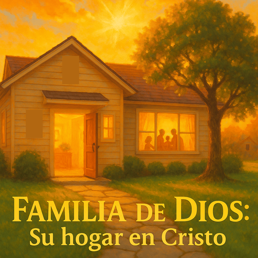 Illustration of a house at sunset with silhouettes inside. Text reads Familia de Dios: Su hogar en Cristo. Warm and inviting scene.