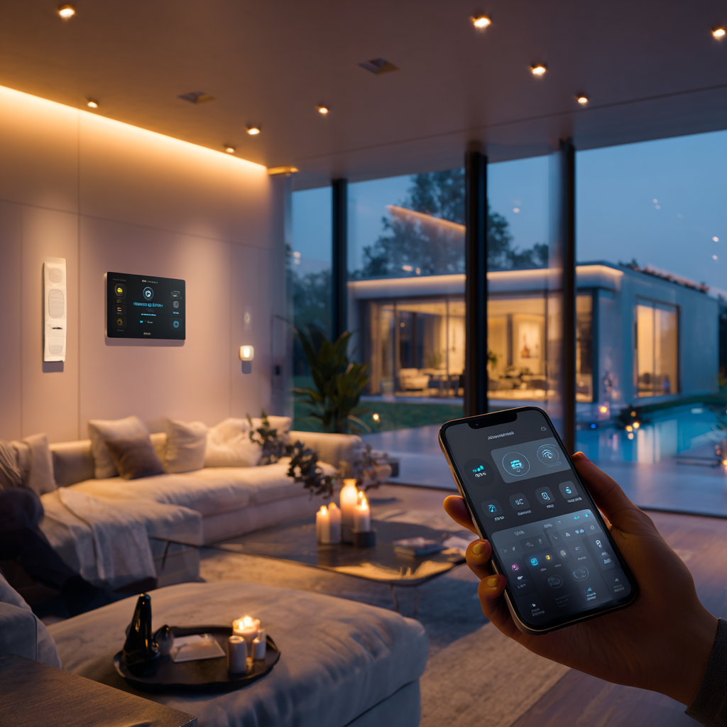 Person using a smartphone to control smart home features in a modern living room with mood lighting and pool view.