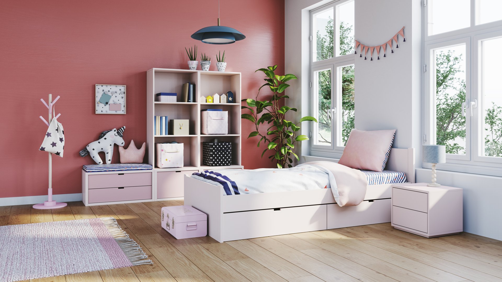 A children's bedroom filled with soft pink and white tones, featuring a minimalist bed with storage drawers, a spacious bookshelf, and a simple nightstand.