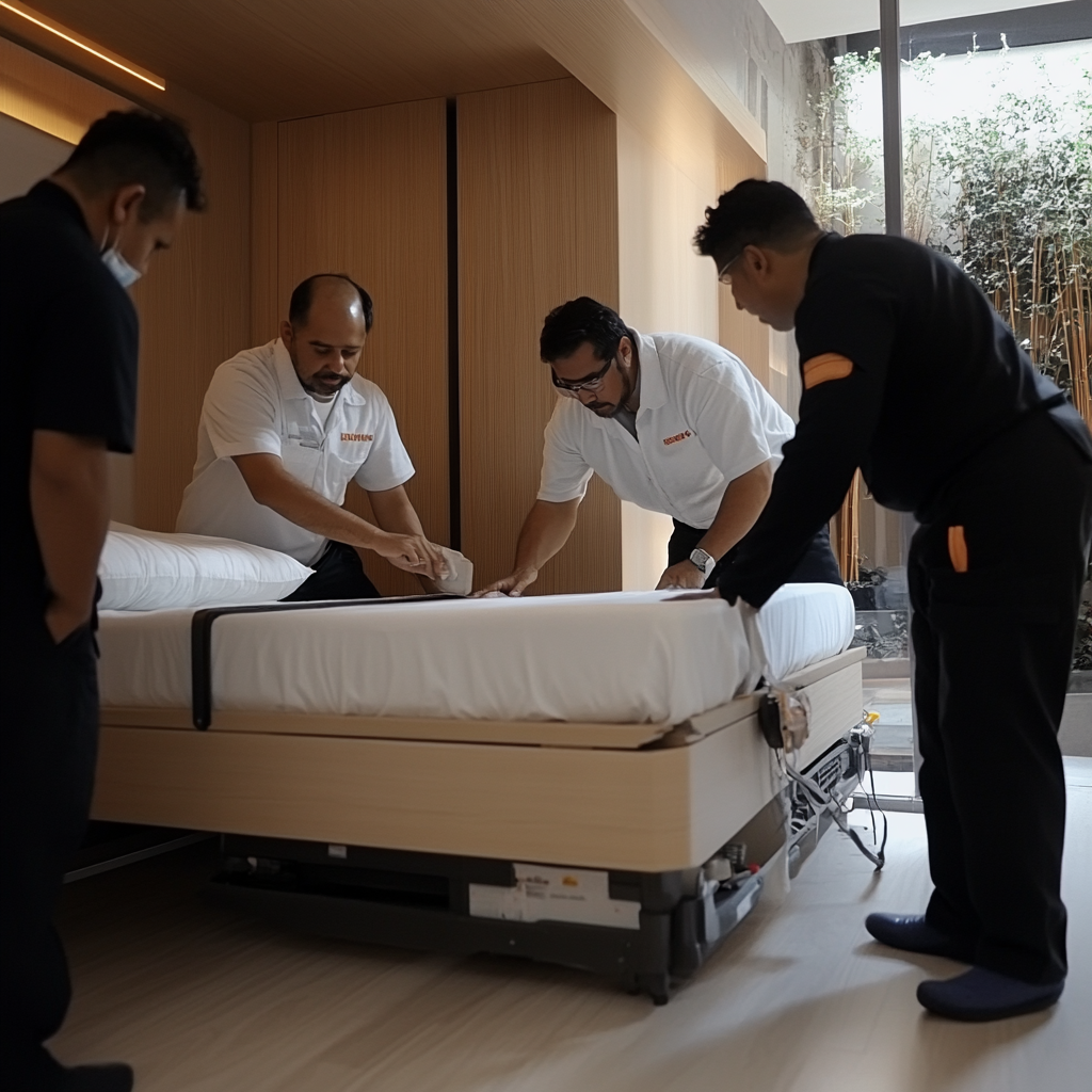 Four men in uniforms adjust a bed in a modern room with wooden panels and a large window.