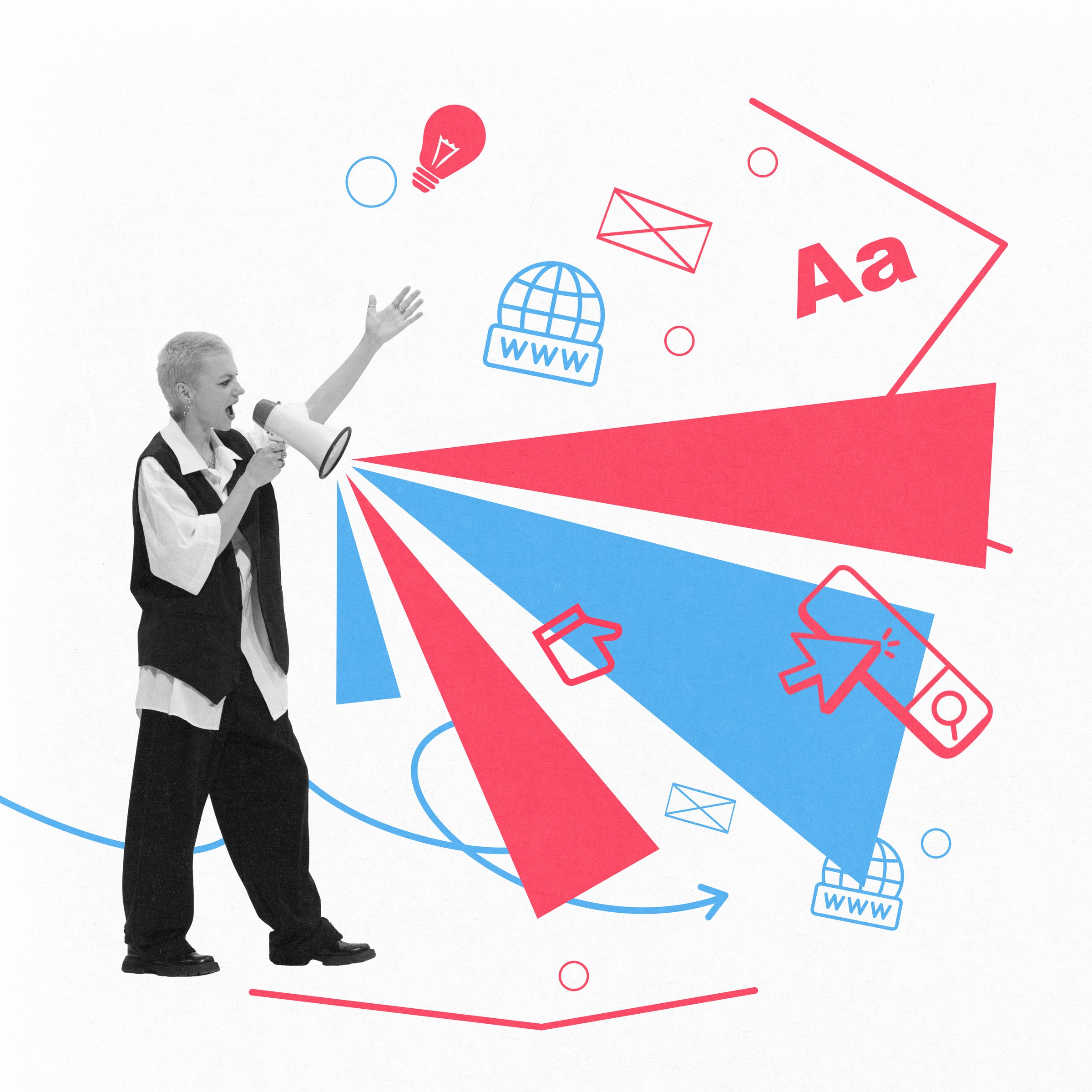 Contemporary art collage. Speaker with megaphone surrounded by colorful digital icons, representing innovative storytelling in content marketing and branding. Concept of business, social media. Ad