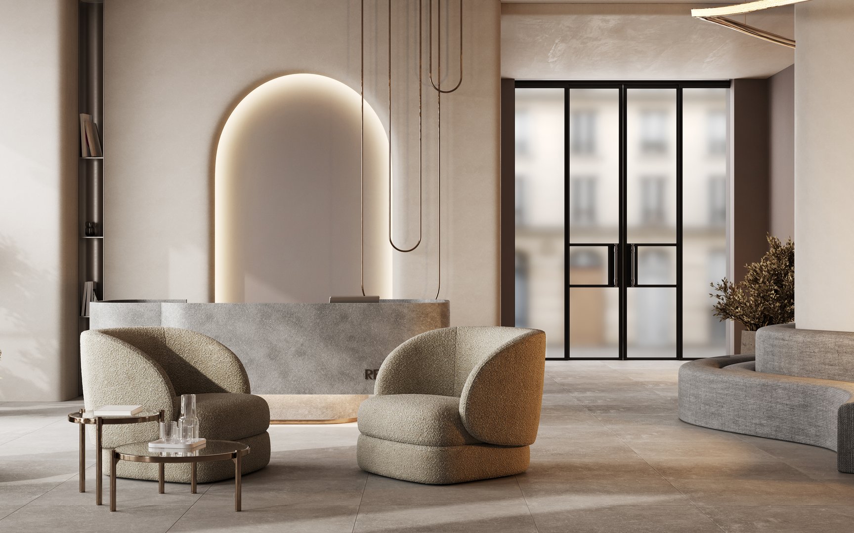 Concrete reception counter in modern room with light beige walls. Blank registration desk in hotel, spa or office. Reception mock up with waiting area, 3D rendering