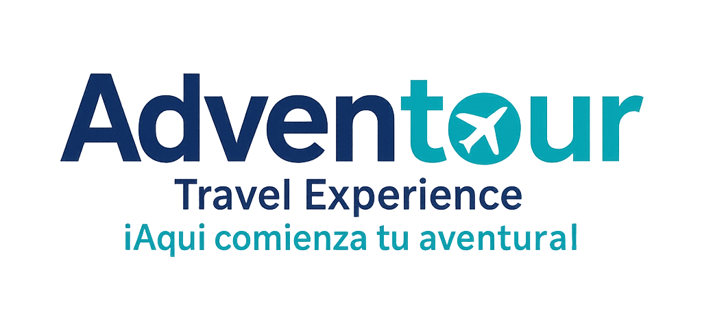 Logo of Adventour with a travel theme, featuring an airplane icon and the text Travel Experience Aquí comienza tu aventura.