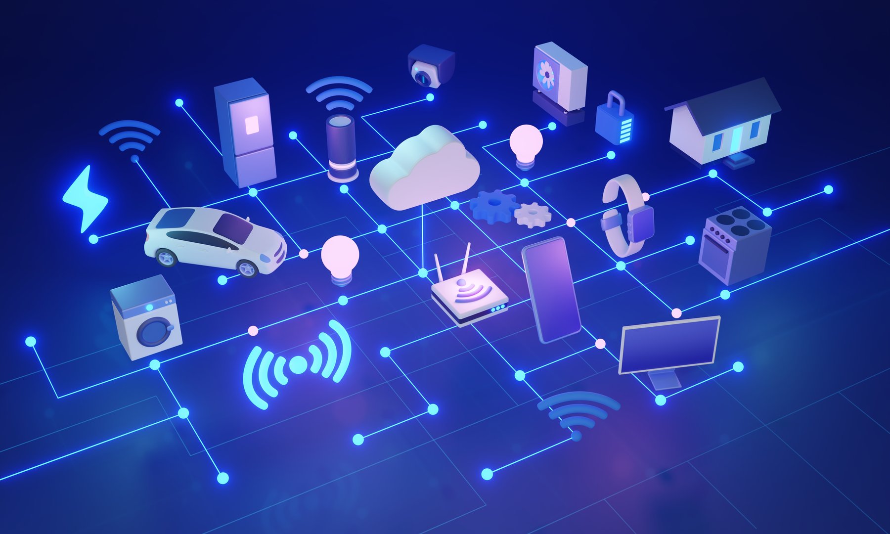 IOT home control system concept, 3D illustration. Automate and remotely control household devices through a network. Connecting devices and sensors, enabling a more efficient and seamless living.