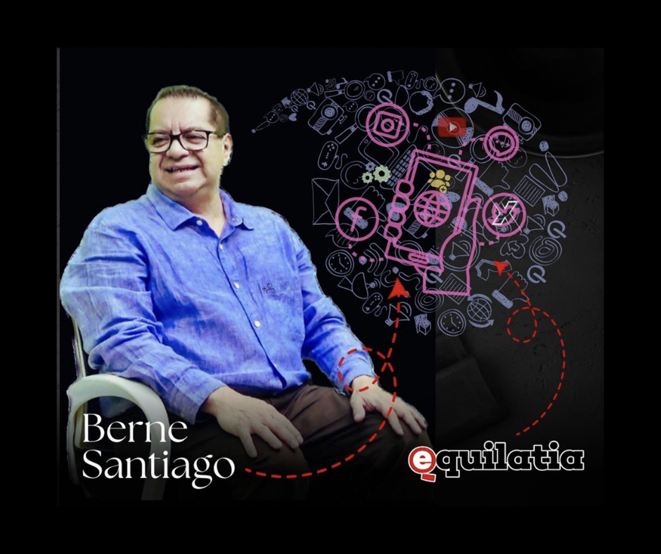 A man in a blue shirt sitting on a chair with a graphic of tech icons and the word Equilatia nearby.