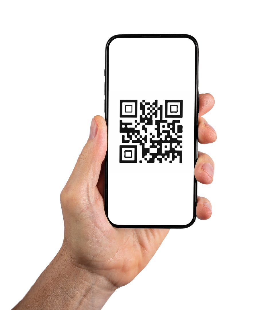 QR code on mobile phone app. QRcode scanner, reader app in hand isolated on white background