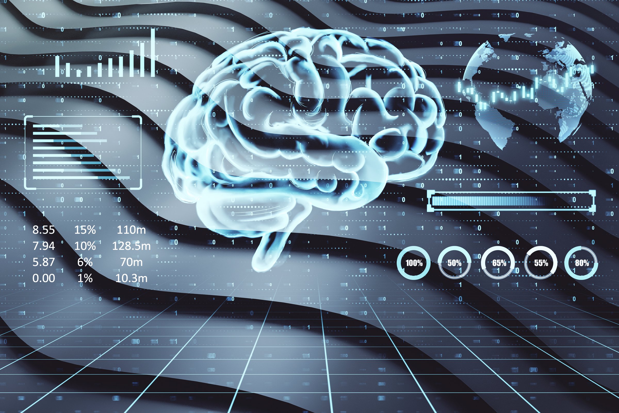A digital brain surrounded by futuristic data and graphs on a dark abstract background. Concept of artificial intelligence and neural networks. 3D Rendering.