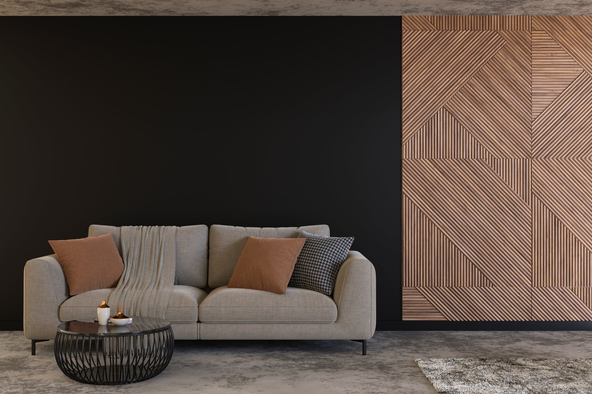A warm and inviting living room features a comfortable sofa adorned with cushions, situated against a striking black wall with an empty section for displaying art. 3D render