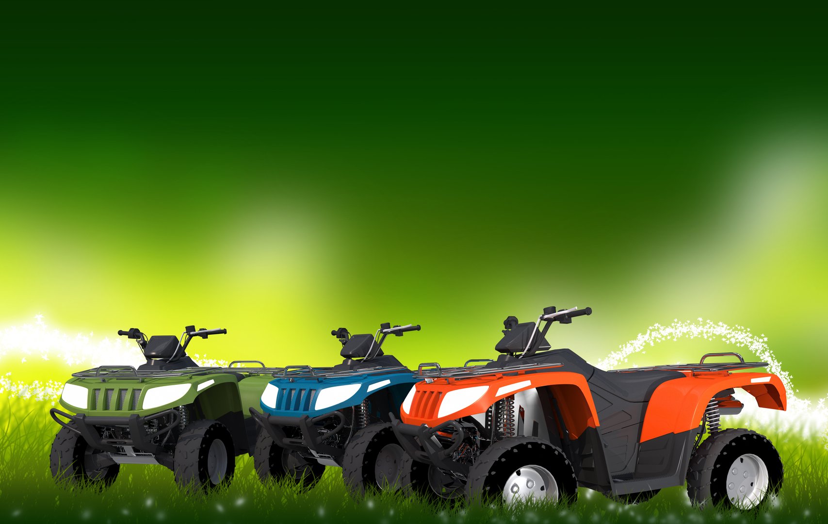 ATV Quads on the Meadow. Three Quad Bikes Illustration with Copy Space.