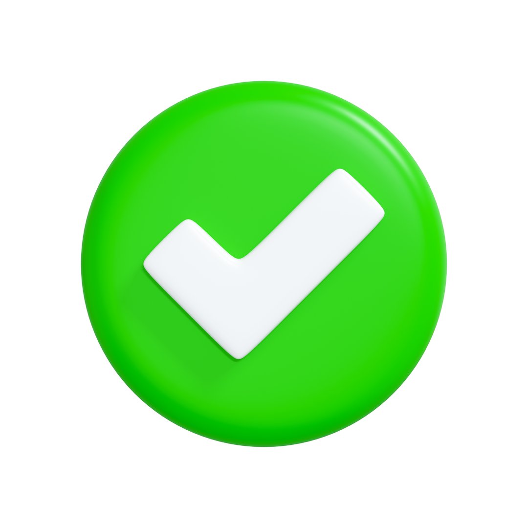 White check mark in glossy green circle, minimal confirmation or success icon in 3D
