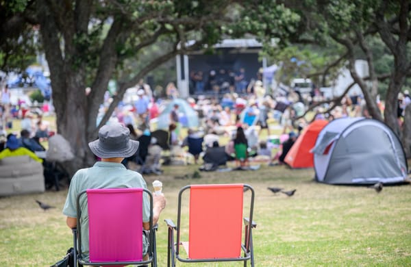 Crowd listening to music concert in park