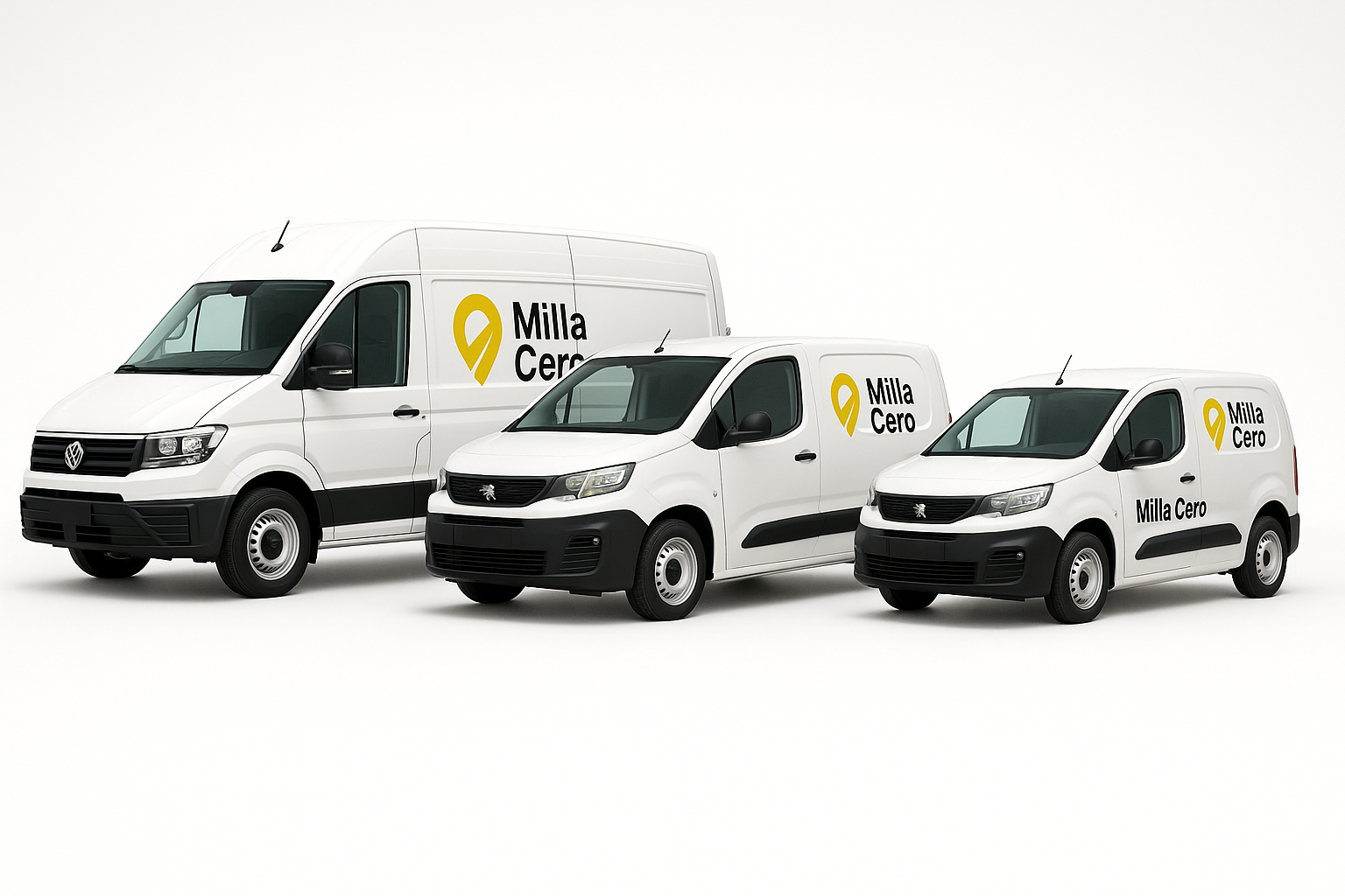 Three white delivery vans with Milla Cero logo in various sizes parked in a row against a plain background.