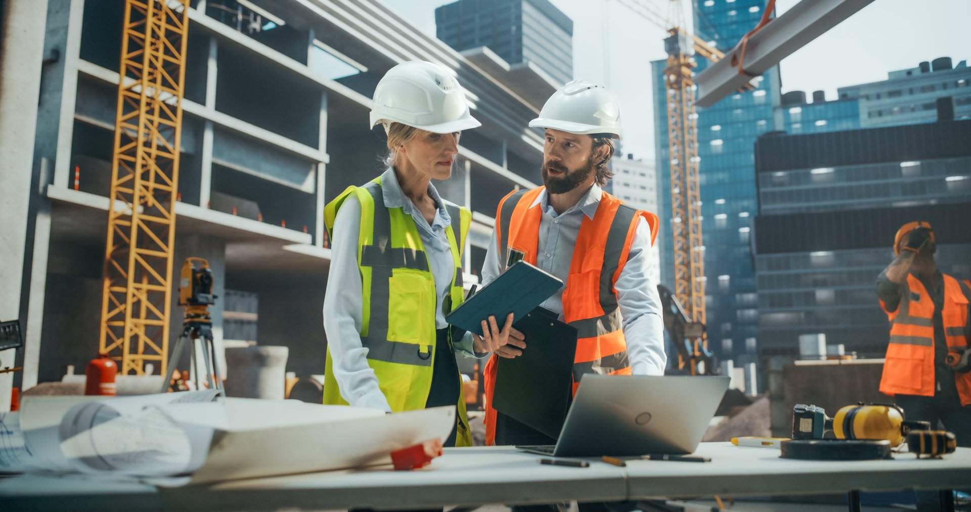 Professional Female Civil Engineer and a Construction Manager Having a Meeting to Discuss Development of a Real Estate Building. Specialist Using Tablet Computer to Oversee the Project Plans