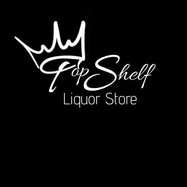 Logo with a crown icon and the text Top Shelf Liquor Store on a black background.