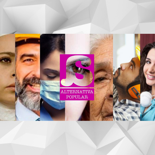 Collage of diverse people with different occupations and background textures, centered around a logo with Alternativa Popular.