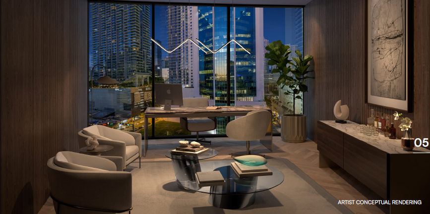 Modern office interior with city view, stylish furniture, abstract art, and a large window overlooking skyscrapers at dusk.