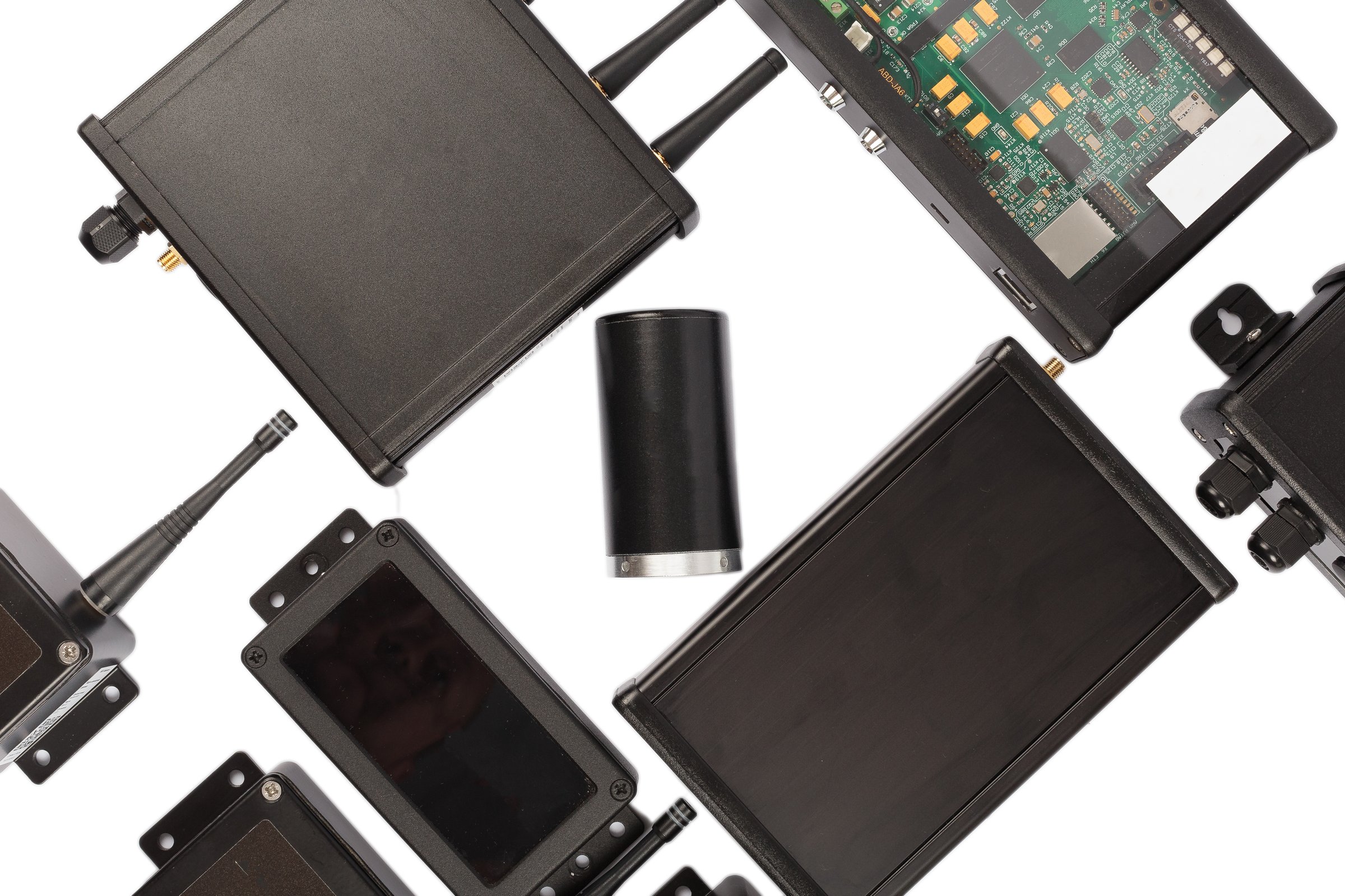 Modern electronic circuits on a white background, a set of various devices.