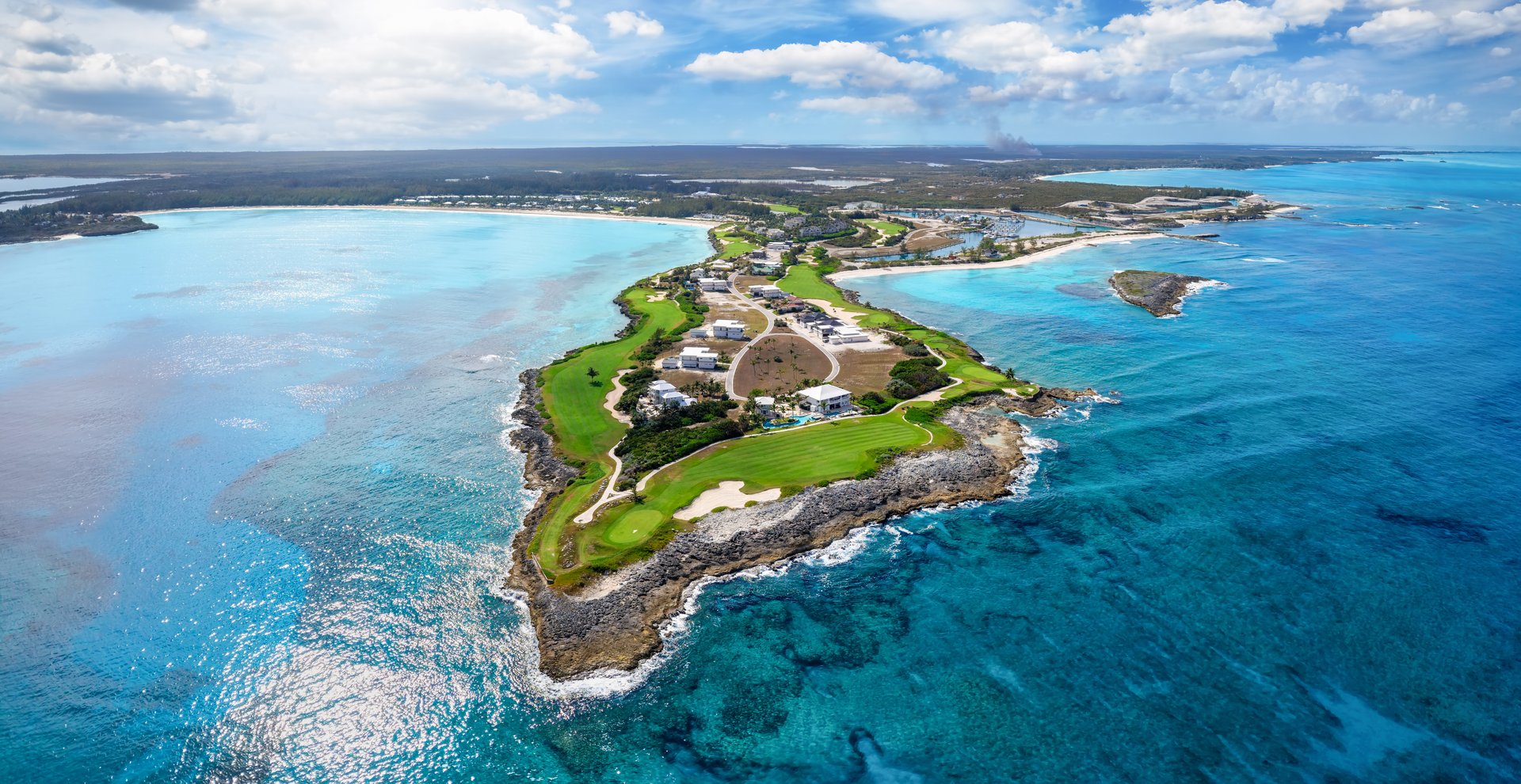 Aerial view of the beautiful Emerald Bay at Great Exuma island, The Bahamas, Caribbean Sea
