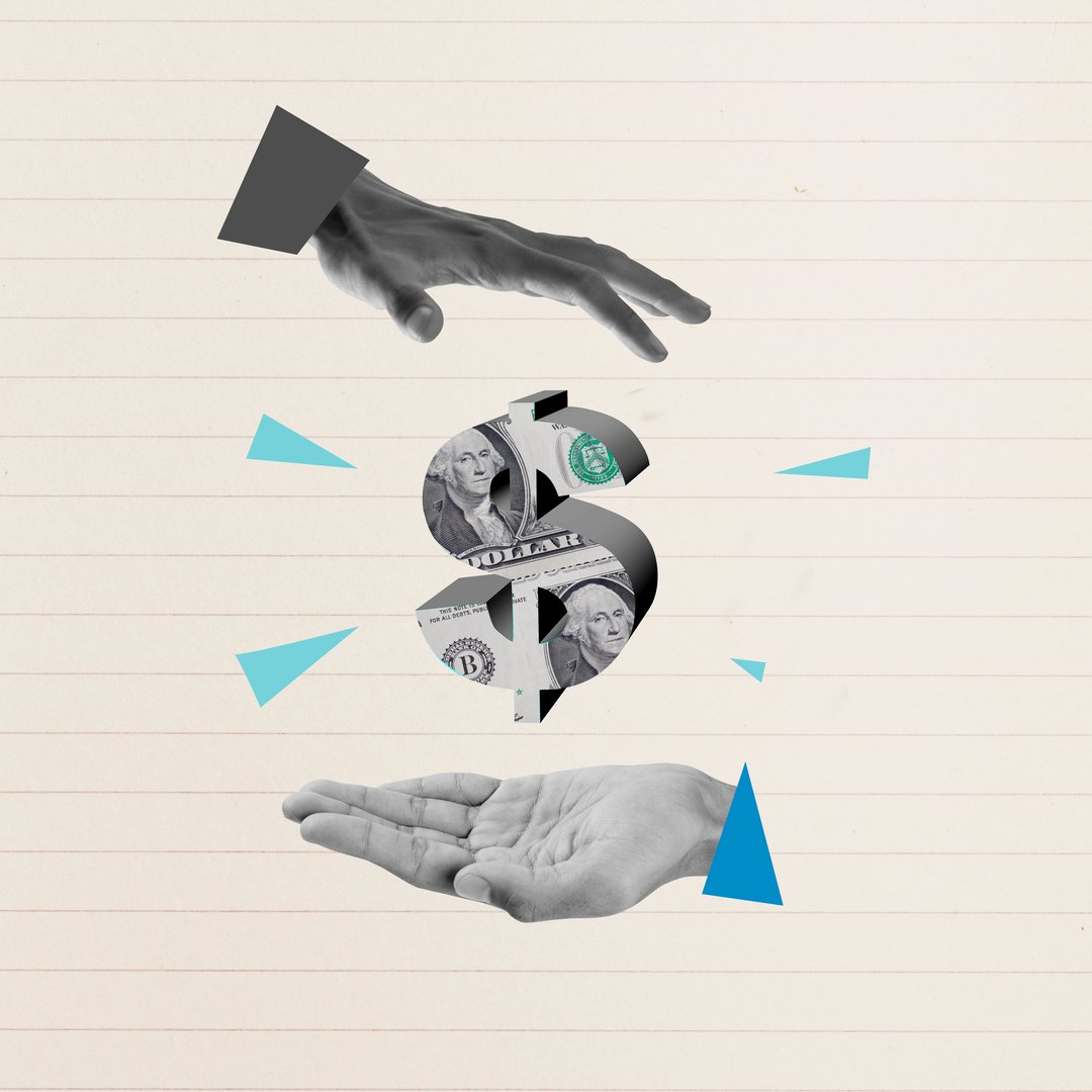 Two human hands show a dollar sign on his palm with a colored background. Concept of finance. Collage art