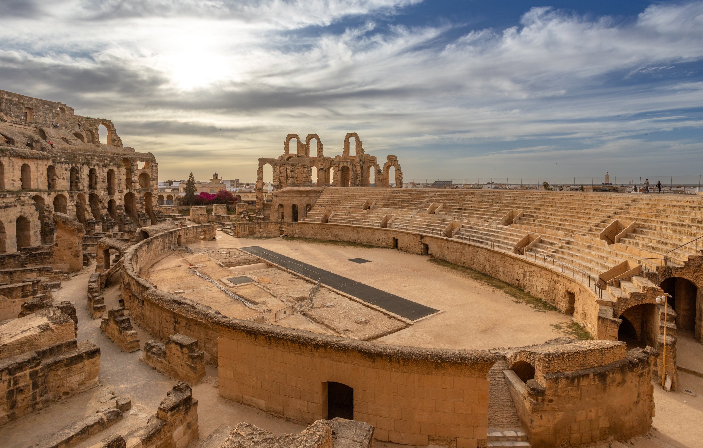 Ancient african Roman Colosseum amphitheatre arena, ruins and columns, El Jem, Mahdia
