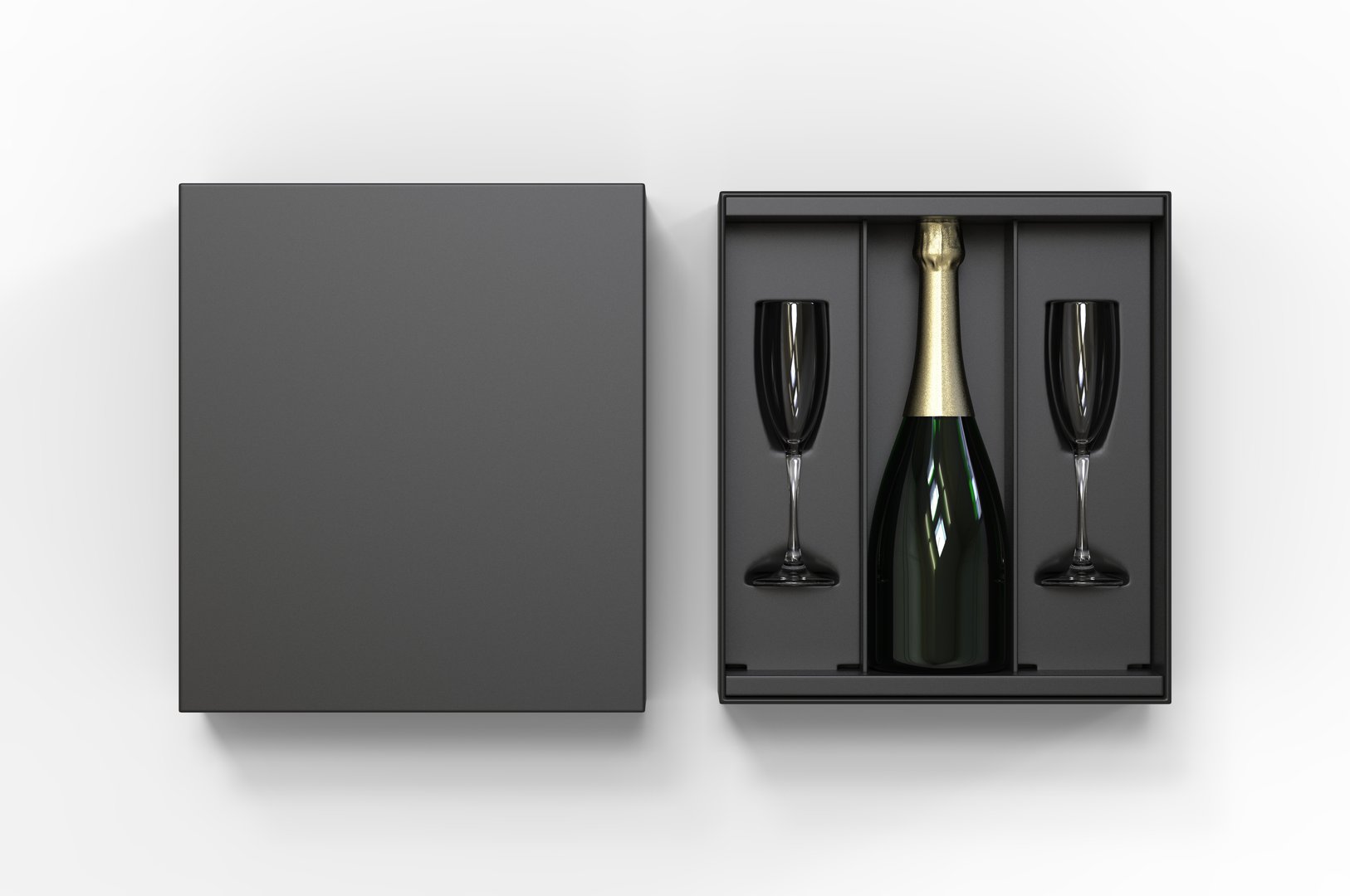 Blank Champagne Bottle with wooden Box with flute glass 3d illustration.