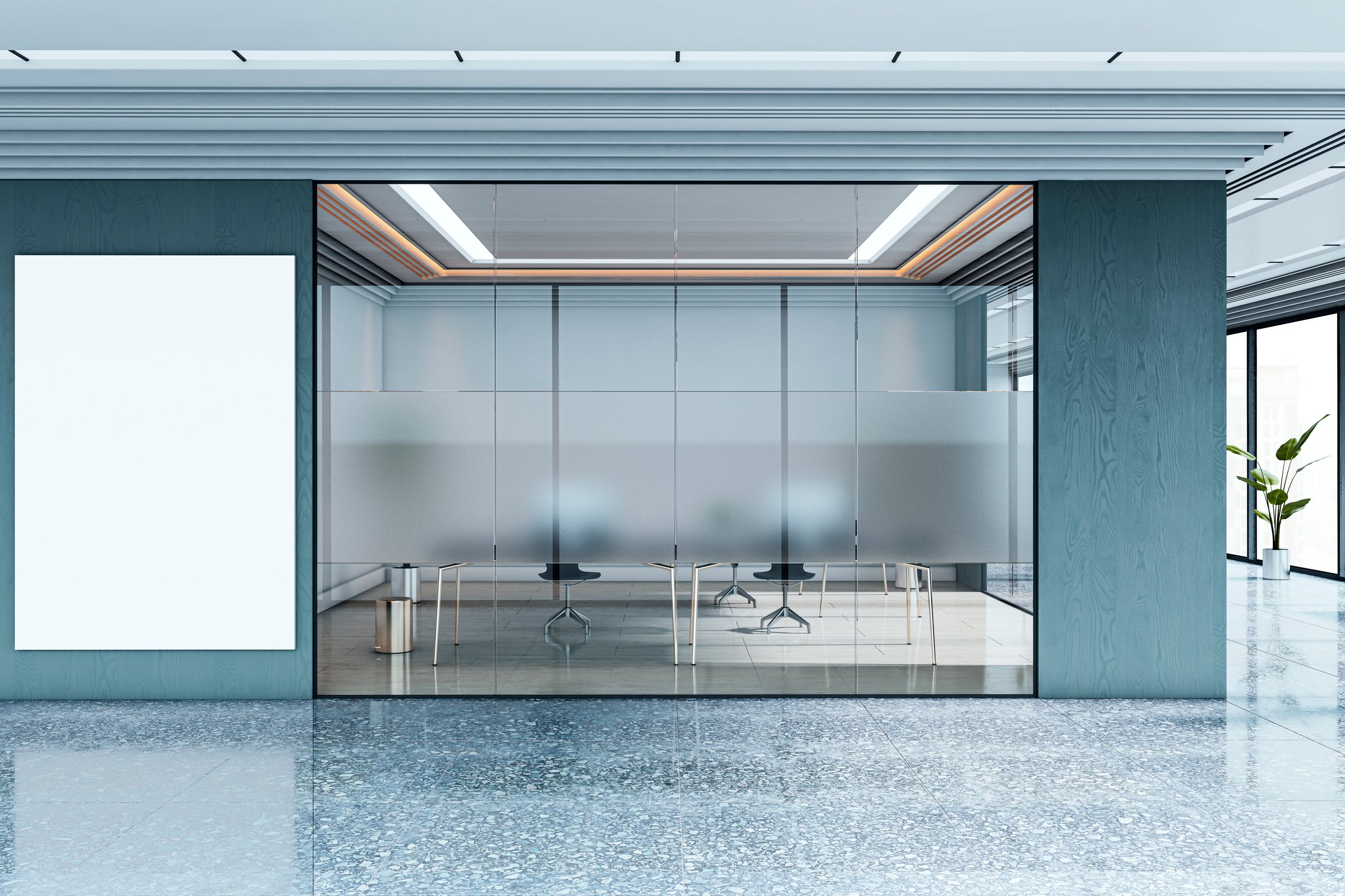 Contemporary office interior with glass walls, vertical poster mockup on clean wall, polished floor, and natural light. 3D Rendering