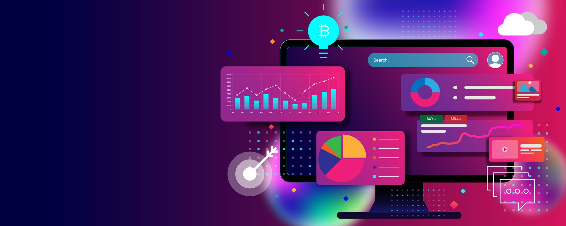 Technology laptop, concept graph, finance, marketing, design, web development