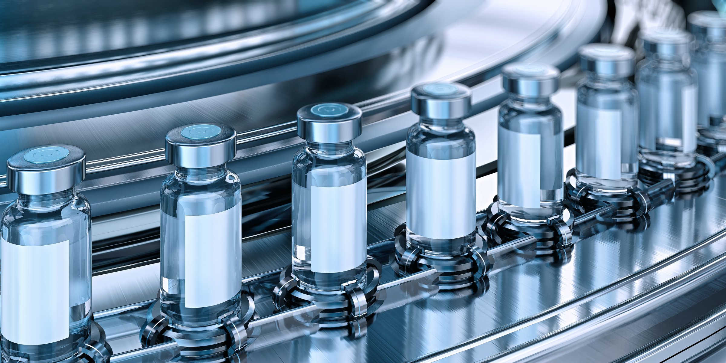 Pharmaceutical vials on automatic production line in modern factory. Sterile glass bottles with medicine or vaccine solution on conveyor belt. Biotechnology industry, laboratory manufacturing process, drug development, healthcare innovation, medical research. High tech 3d illustration