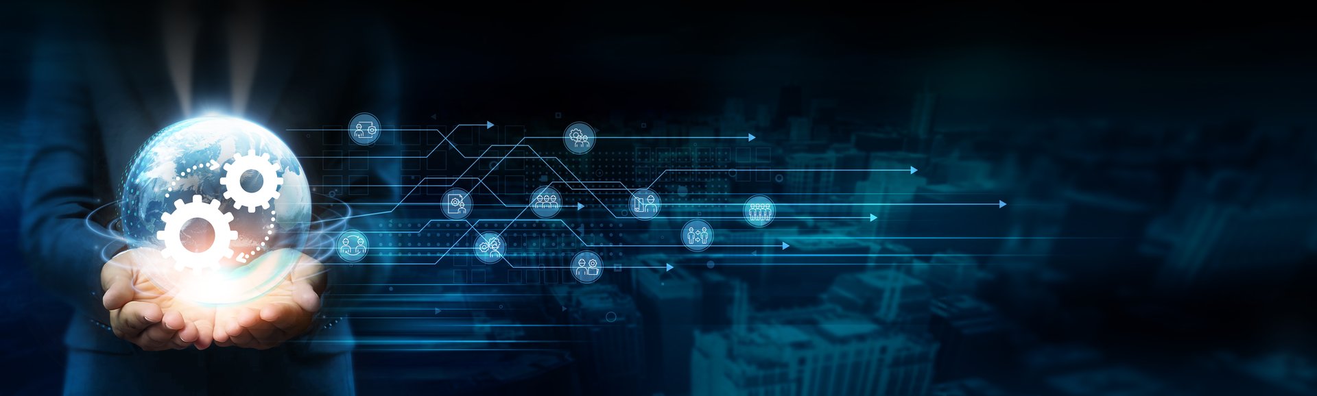 Businessman holds global engineering network connected to innovation and collaboration. Engineering development technology drives progress and sustainability.