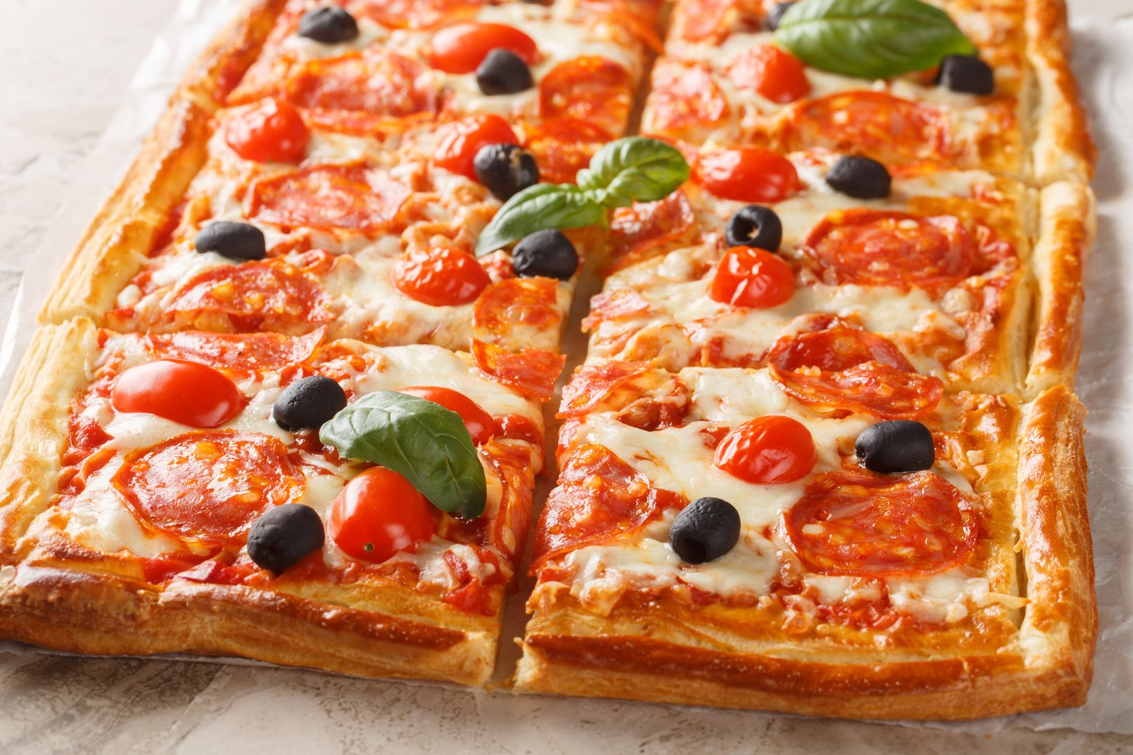 Hot puff pastry pizza pie with salami, olives, mozzarella cheese and tomato sauce close-up on parchment paper on table. horizontal