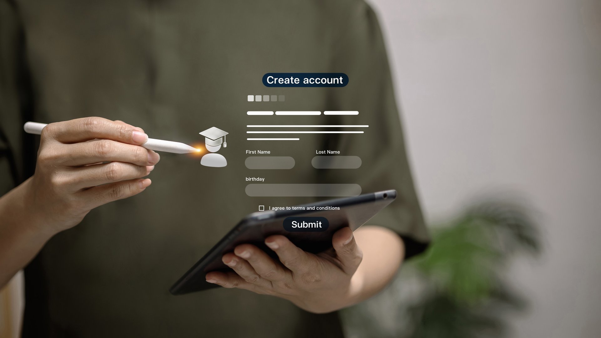 Digital account registration form on tablet with stylus, online signup concept