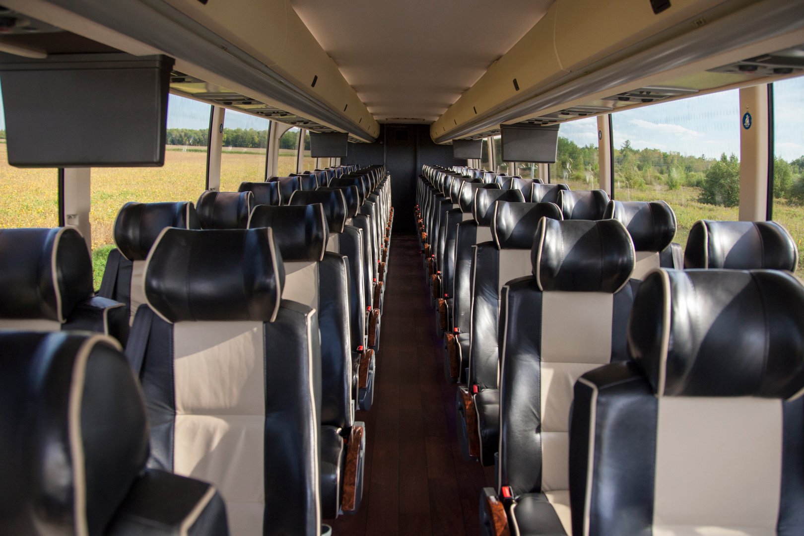 Luxurious tour bus passenger seats with no people