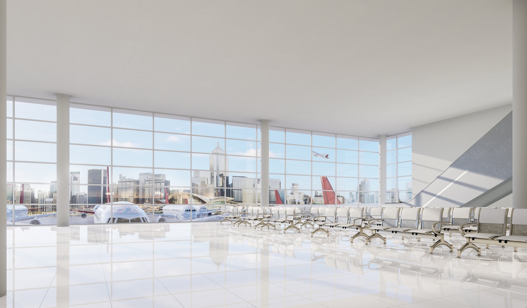 Modern style empty airport terminal lounge with city view background 3d render, There are large window overlooking a plane taking off.