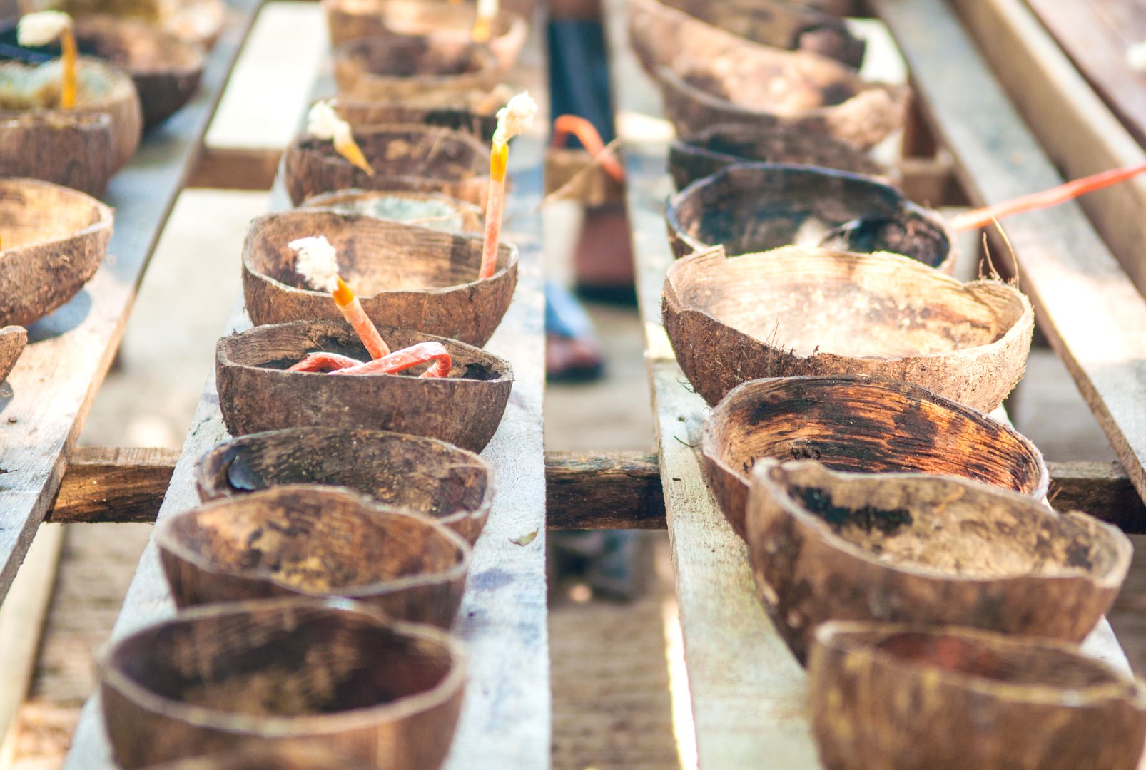 Prepared candle and old coconut shell for Loy kratong festival in Nongkai province of Thailand