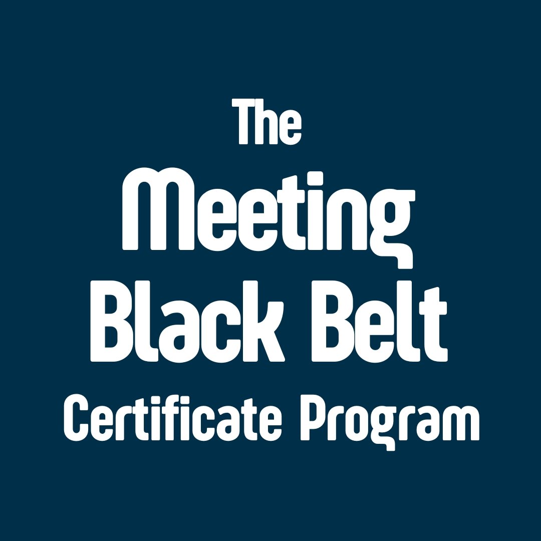 "The Meeting Black Belt Certificate Program" written in bold white text on a dark blue background.