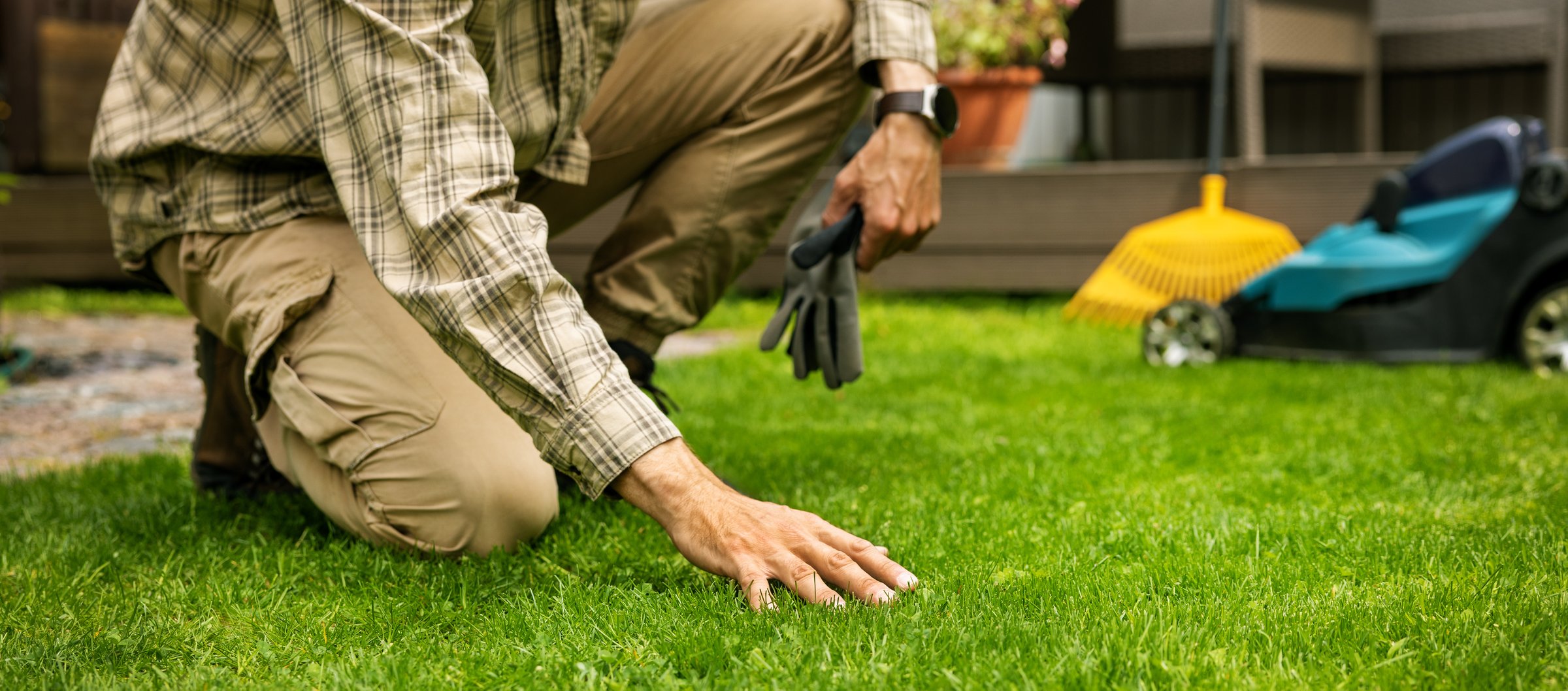 man touch perfect green grass with hand. lawn care and landscaping service. banner with copy space