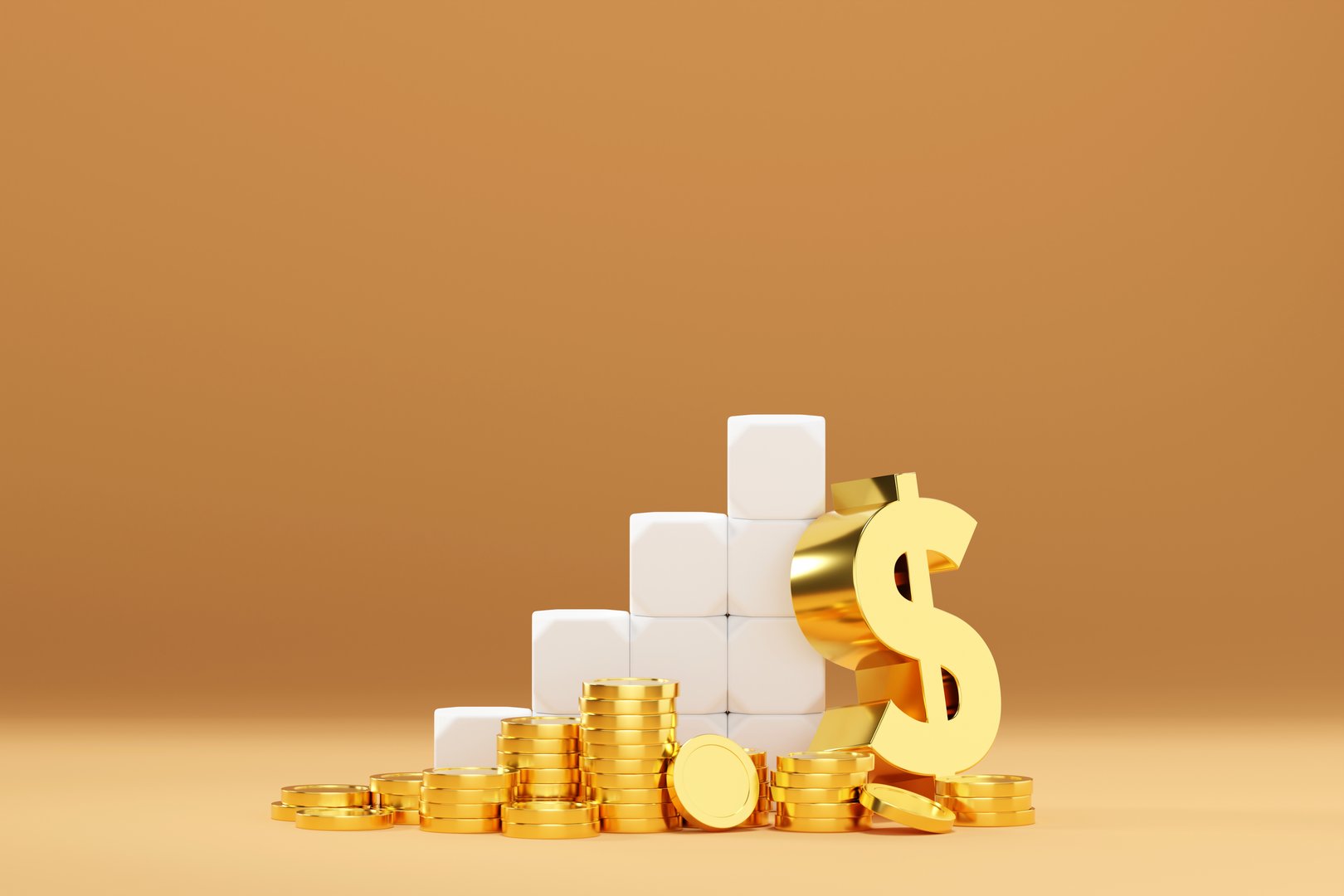 A 3D rendering of a golden dollar sign at the top of a rising staircase made of white blocks, with stacks of gold coins forming the base. The background is a warm orange, creating a sense of wealth and prosperity.