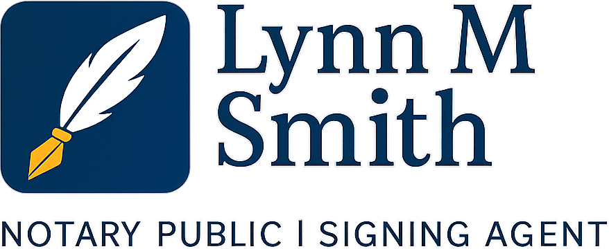 Logo for Lynn M Smith, Notary Public and Signing Agent, featuring a quill icon on a blue background.