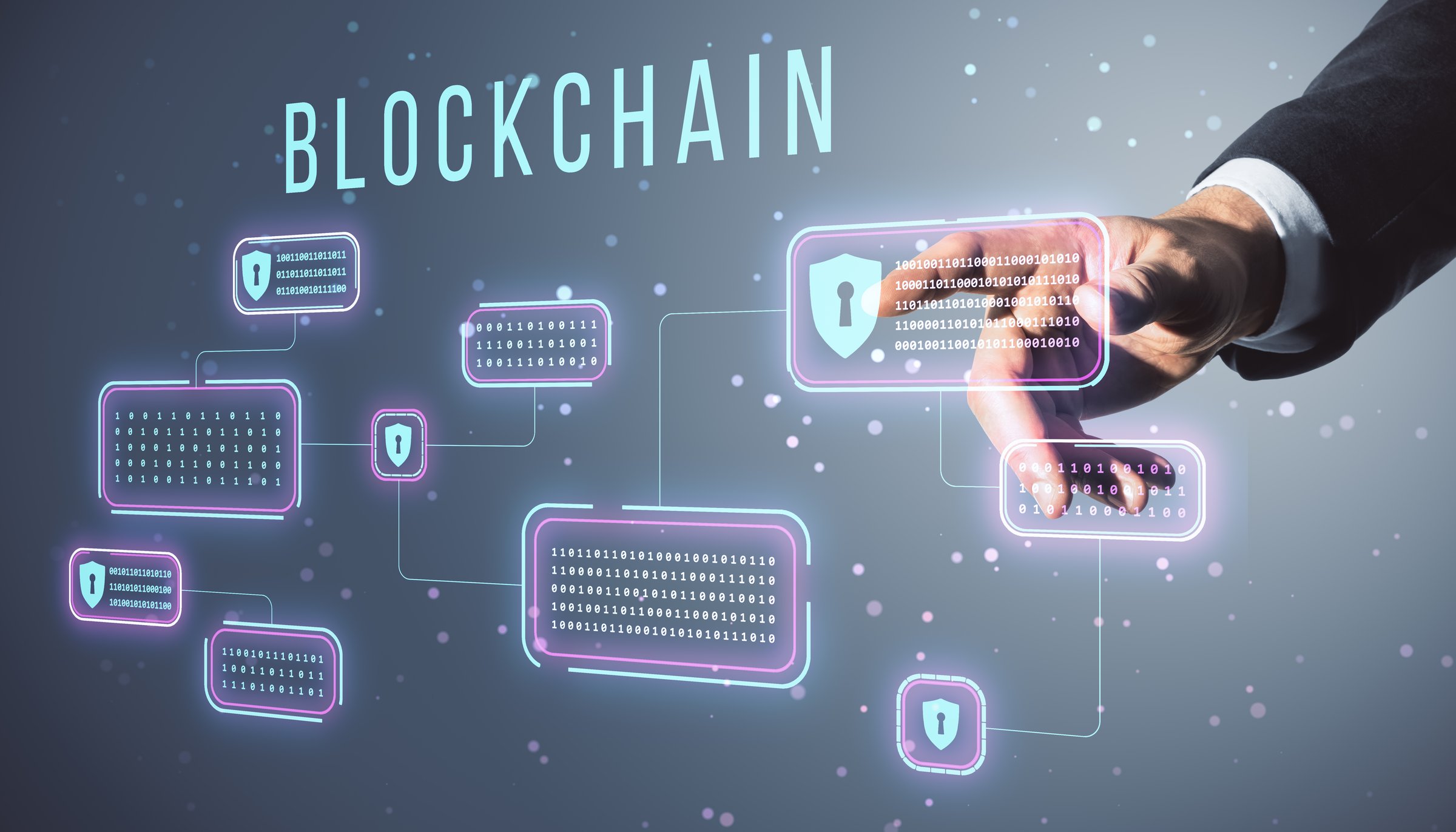 A hand interacts with a blockchain hologram on a digital interface. Glowing data blocks and security shields on a dark background, symbolizing online security and privacy concepts