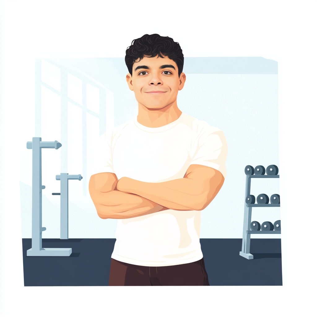 Illustration of a smiling man with curly hair in a gym, wearing a white shirt, standing with arms crossed, gym equipment visible.