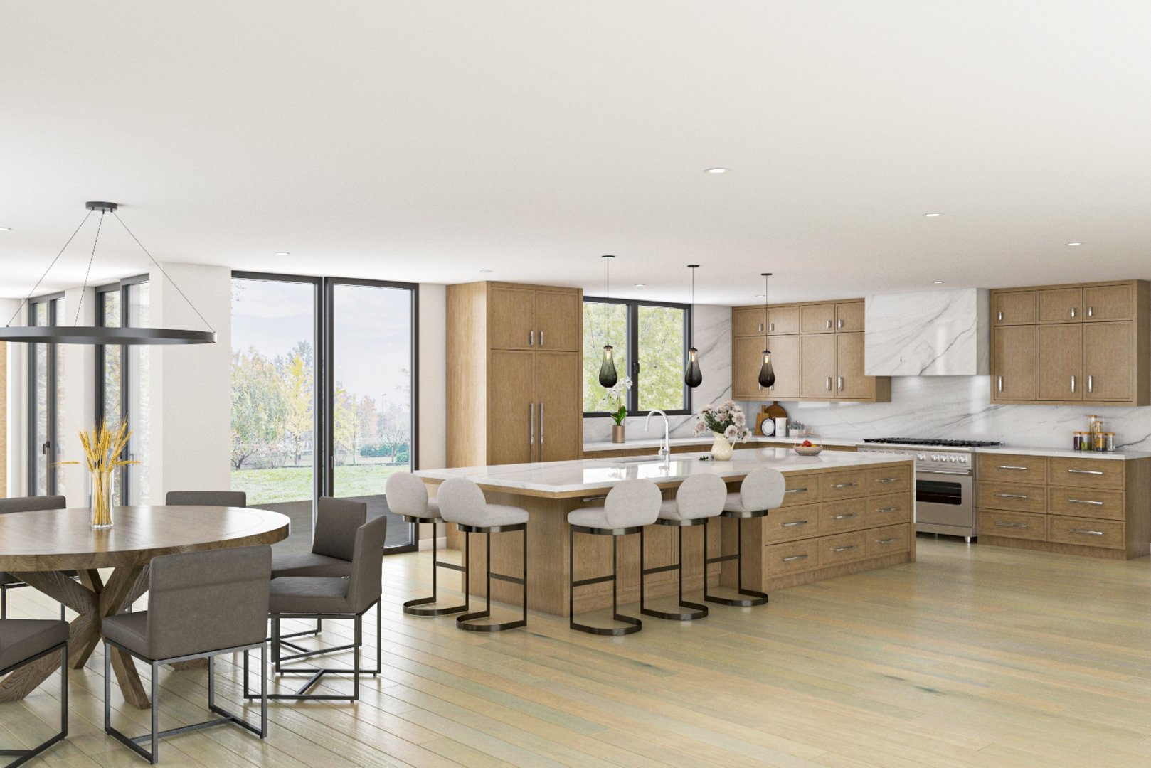 Beautiful modern interior featuring a large kitchen island, stylish dining table, and natural light through expansive windows.