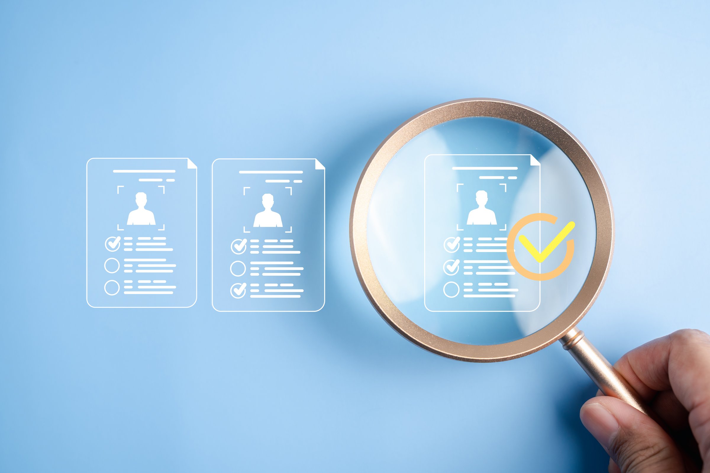Human resource and new career recruitment resume selection, job candidate evaluation, talent acquisition, and employment decision with checklist approval in hiring process.