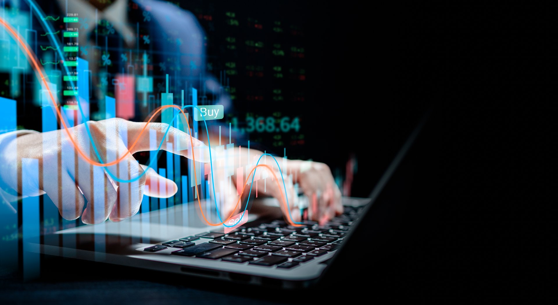 Businesswomen use laptop computers to analyze virtual screens of graph stock market changes, uptrends, growth economics, business strategy development, and find investment opportunities.