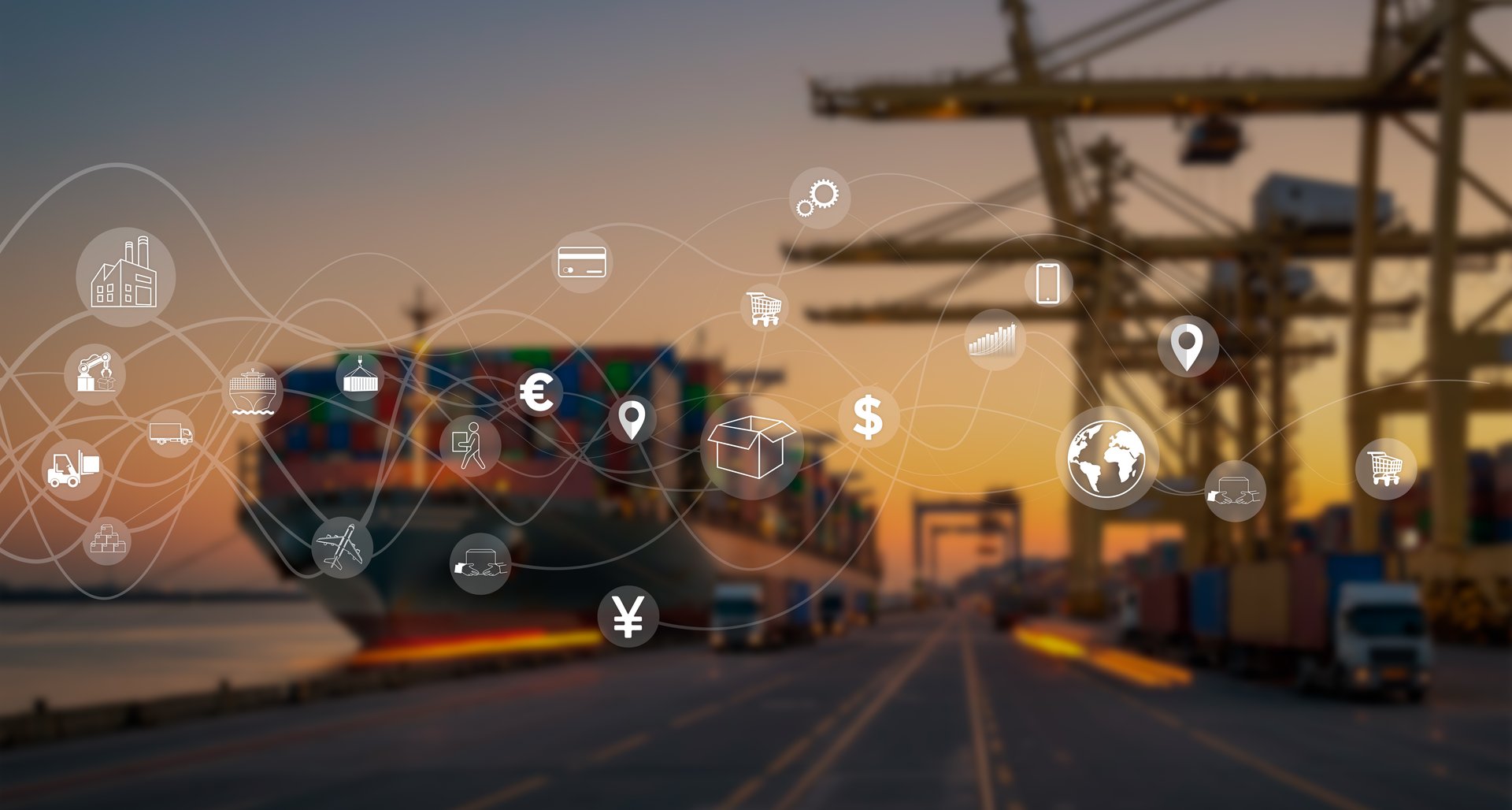 Logistics and international shipping concepts. Responsible transportation and delivery of products. Blurred background of a ship unloading containers