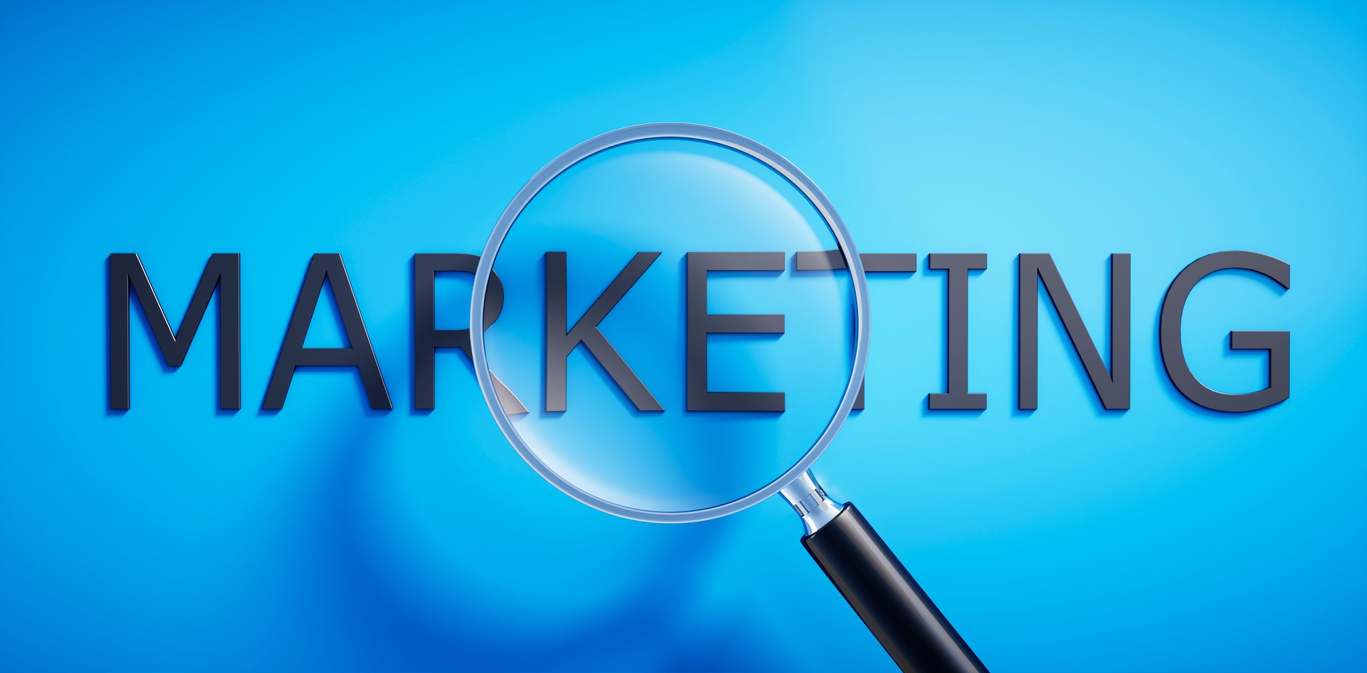Magnifying Glass on Word Marketing on blue Background