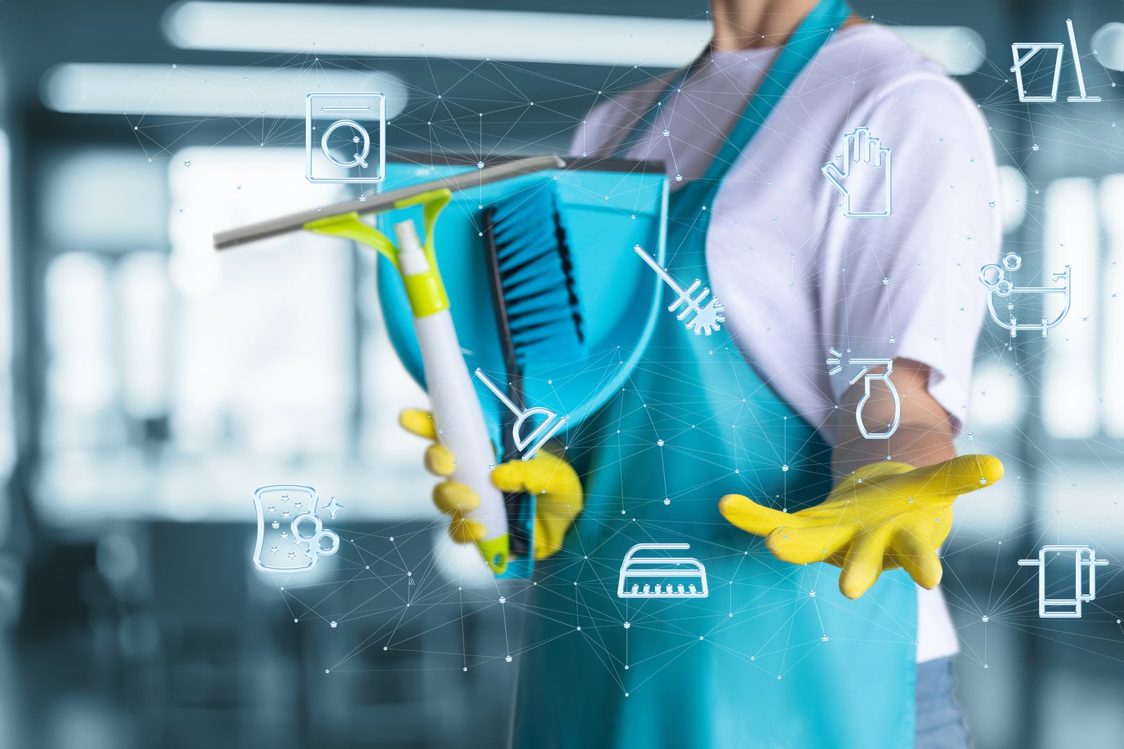 The concept of an innovative virtual platform where a cleaner demonstrates cleaning services.