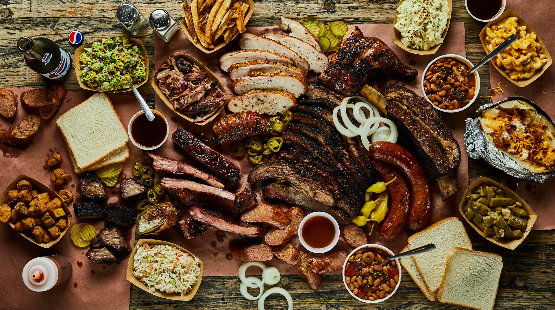 Texas BBQ from Hutchins, Chicken, Pork, Beef, Brisket and all the sides